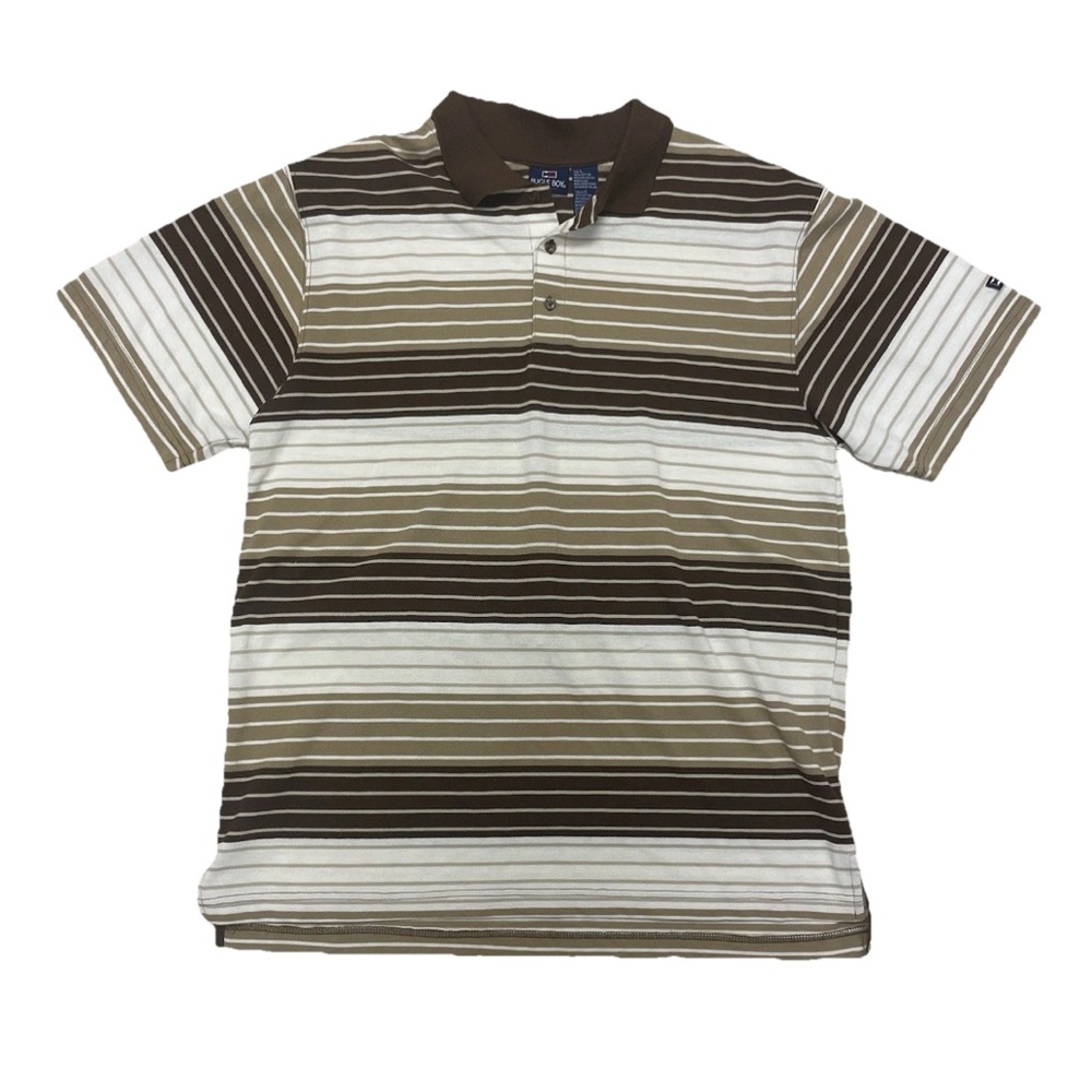 Vintage Bugle Boy Men's Polo Shirt - Brown Tan Cream Stripes Large 80’s 90’s